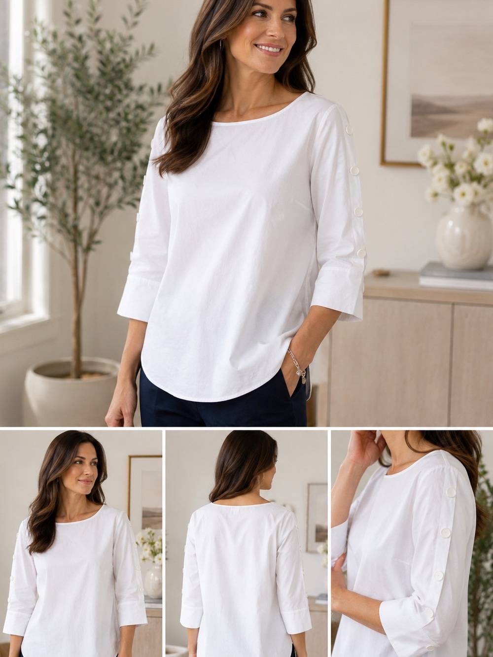 Talbots White Button-Sleeve Cotton Blouse